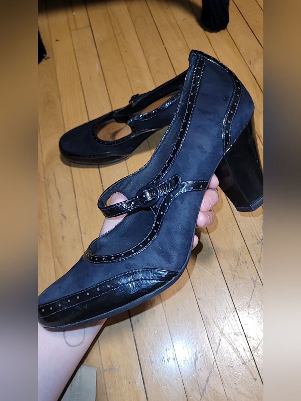 Clarks Purple Blueish Velvet Mary Jane Heels with Patent Trim